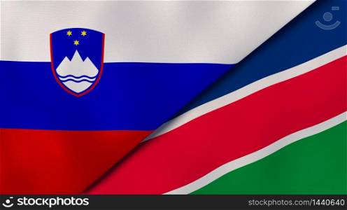 Two states flags of Slovenia and Namibia. High quality business background. 3d illustration. The flags of Slovenia and Namibia. News, reportage, business background. 3d illustration