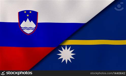 Two states flags of Slovenia and Nauru. High quality business background. 3d illustration. The flags of Slovenia and Nauru. News, reportage, business background. 3d illustration