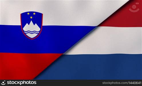 Two states flags of Slovenia and Netherlands. High quality business background. 3d illustration. The flags of Slovenia and Netherlands. News, reportage, business background. 3d illustration