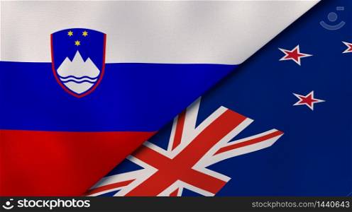 Two states flags of Slovenia and New Zealand. High quality business background. 3d illustration. The flags of Slovenia and New Zealand. News, reportage, business background. 3d illustration