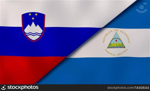 Two states flags of Slovenia and Nicaragua. High quality business background. 3d illustration. The flags of Slovenia and Nicaragua. News, reportage, business background. 3d illustration