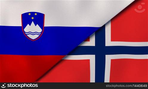 Two states flags of Slovenia and Norway. High quality business background. 3d illustration. The flags of Slovenia and Norway. News, reportage, business background. 3d illustration