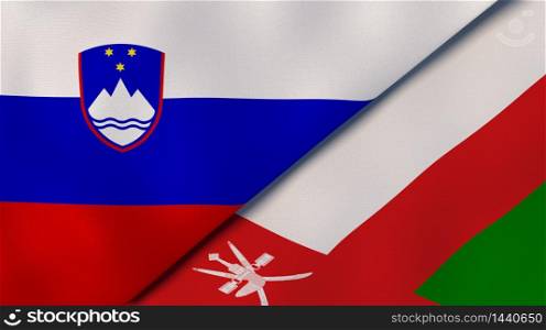 Two states flags of Slovenia and Oman. High quality business background. 3d illustration. The flags of Slovenia and Oman. News, reportage, business background. 3d illustration