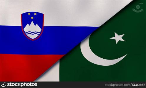 Two states flags of Slovenia and Pakistan. High quality business background. 3d illustration. The flags of Slovenia and Pakistan. News, reportage, business background. 3d illustration