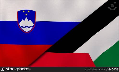 Two states flags of Slovenia and Palestine. High quality business background. 3d illustration. The flags of Slovenia and Palestine. News, reportage, business background. 3d illustration