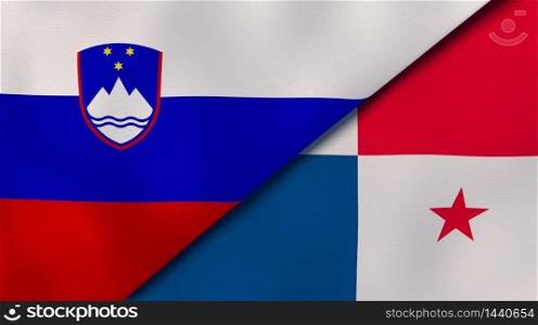 Two states flags of Slovenia and Panama. High quality business background. 3d illustration. The flags of Slovenia and Panama. News, reportage, business background. 3d illustration