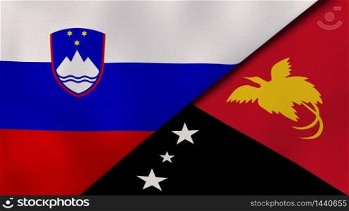 Two states flags of Slovenia and Papua New Guinea. High quality business background. 3d illustration. The flags of Slovenia and Papua New Guinea. News, reportage, business background. 3d illustration