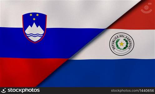 Two states flags of Slovenia and Paraguay. High quality business background. 3d illustration. The flags of Slovenia and Paraguay. News, reportage, business background. 3d illustration