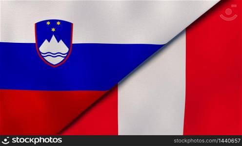 Two states flags of Slovenia and Peru. High quality business background. 3d illustration. The flags of Slovenia and Peru. News, reportage, business background. 3d illustration