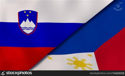 Two states flags of Slovenia and Philippines. High quality business background. 3d illustration. The flags of Slovenia and Philippines. News, reportage, business background. 3d illustration