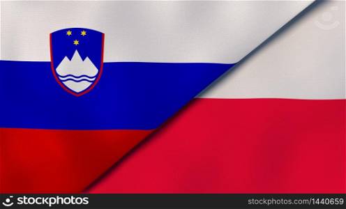 Two states flags of Slovenia and Poland. High quality business background. 3d illustration. The flags of Slovenia and Poland. News, reportage, business background. 3d illustration