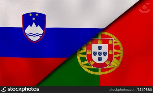 Two states flags of Slovenia and Portugal. High quality business background. 3d illustration. The flags of Slovenia and Portugal. News, reportage, business background. 3d illustration