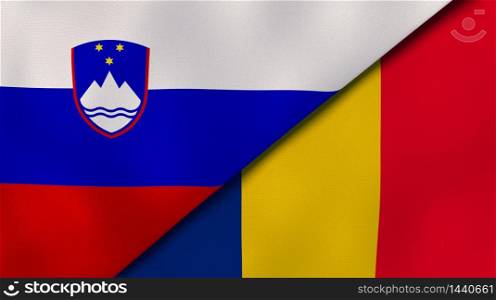 Two states flags of Slovenia and Romania. High quality business background. 3d illustration. The flags of Slovenia and Romania. News, reportage, business background. 3d illustration