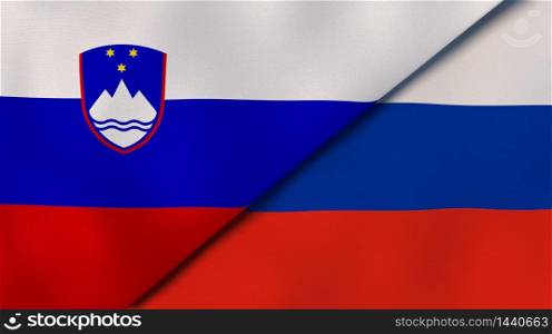 Two states flags of Slovenia and Russia. High quality business background. 3d illustration. The flags of Slovenia and Russia. News, reportage, business background. 3d illustration