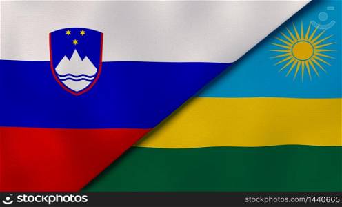 Two states flags of Slovenia and Rwanda. High quality business background. 3d illustration. The flags of Slovenia and Rwanda. News, reportage, business background. 3d illustration