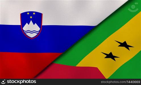 Two states flags of Slovenia and Sao Tome and Principe. High quality business background. 3d illustration. The flags of Slovenia and Sao Tome and Principe. News, reportage, business background. 3d illustration