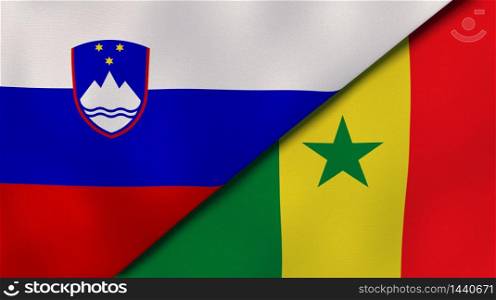 Two states flags of Slovenia and Senegal. High quality business background. 3d illustration. The flags of Slovenia and Senegal. News, reportage, business background. 3d illustration