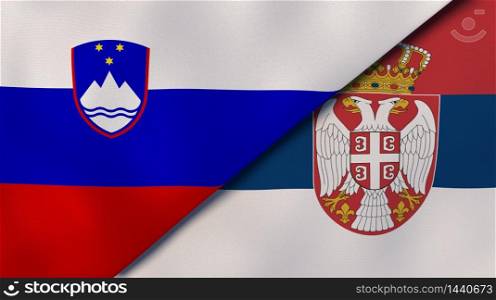 Two states flags of Slovenia and Serbia. High quality business background. 3d illustration. The flags of Slovenia and Serbia. News, reportage, business background. 3d illustration