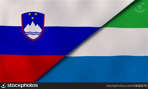 Two states flags of Slovenia and Sierra Leone. High quality business background. 3d illustration. The flags of Slovenia and Sierra Leone. News, reportage, business background. 3d illustration