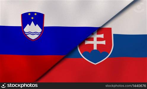 Two states flags of Slovenia and Slovakia. High quality business background. 3d illustration. The flags of Slovenia and Slovakia. News, reportage, business background. 3d illustration