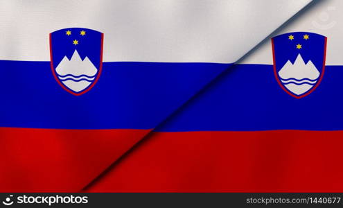 Two states flags of Slovenia and Slovenia. High quality business background. 3d illustration. The flags of Slovenia and Slovenia. News, reportage, business background. 3d illustration