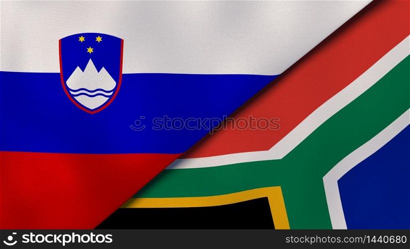 Two states flags of Slovenia and South Africa. High quality business background. 3d illustration. The flags of Slovenia and South Africa. News, reportage, business background. 3d illustration