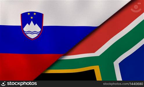 Two states flags of Slovenia and South Africa. High quality business background. 3d illustration. The flags of Slovenia and South Africa. News, reportage, business background. 3d illustration
