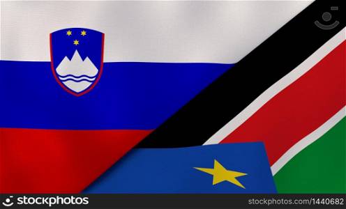 Two states flags of Slovenia and South Sudan. High quality business background. 3d illustration. The flags of Slovenia and South Sudan. News, reportage, business background. 3d illustration