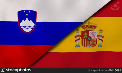 Two states flags of Slovenia and Spain. High quality business background. 3d illustration. The flags of Slovenia and Spain. News, reportage, business background. 3d illustration