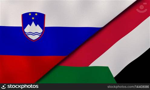 Two states flags of Slovenia and Sudan. High quality business background. 3d illustration. The flags of Slovenia and Sudan. News, reportage, business background. 3d illustration