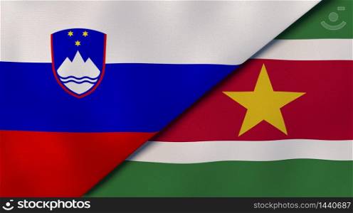Two states flags of Slovenia and Suriname. High quality business background. 3d illustration. The flags of Slovenia and Suriname. News, reportage, business background. 3d illustration