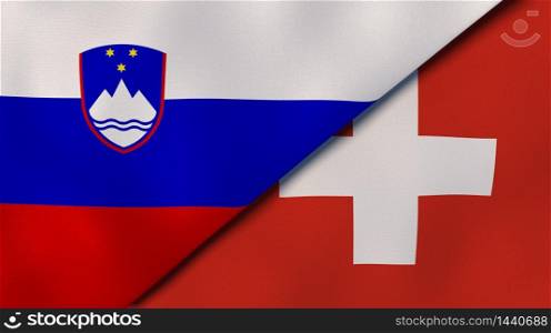 Two states flags of Slovenia and Switzerland. High quality business background. 3d illustration. The flags of Slovenia and Switzerland. News, reportage, business background. 3d illustration
