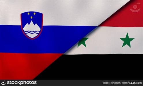 Two states flags of Slovenia and Syria. High quality business background. 3d illustration. The flags of Slovenia and Syria. News, reportage, business background. 3d illustration
