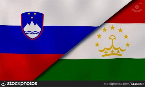 Two states flags of Slovenia and Tajikistan. High quality business background. 3d illustration. The flags of Slovenia and Tajikistan. News, reportage, business background. 3d illustration