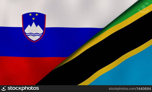 Two states flags of Slovenia and Tanzania. High quality business background. 3d illustration. The flags of Slovenia and Tanzania. News, reportage, business background. 3d illustration