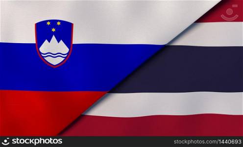 Two states flags of Slovenia and Thailand. High quality business background. 3d illustration. The flags of Slovenia and Thailand. News, reportage, business background. 3d illustration