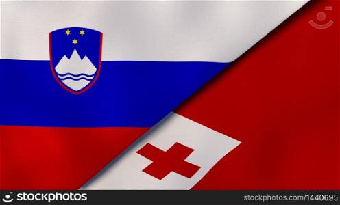 Two states flags of Slovenia and Tonga. High quality business background. 3d illustration. The flags of Slovenia and Tonga. News, reportage, business background. 3d illustration