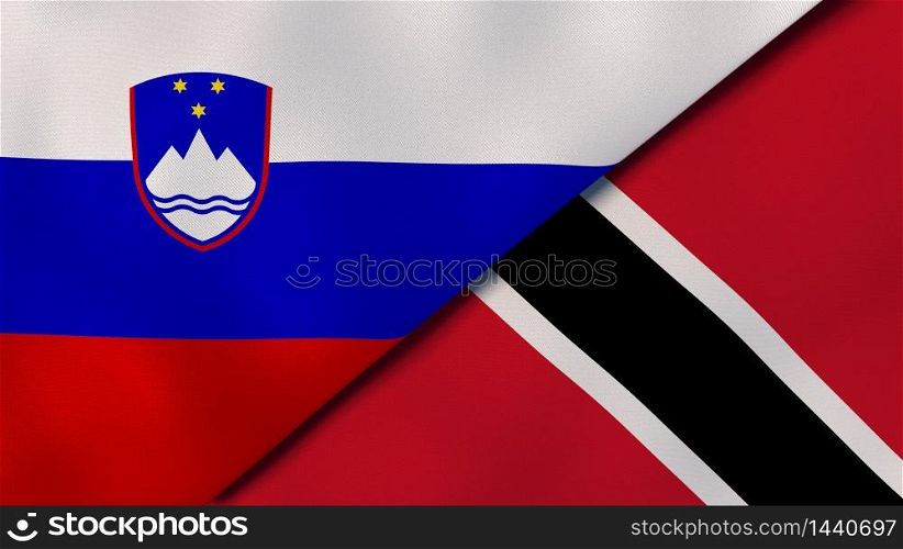 Two states flags of Slovenia and Trinidad and Tobago. High quality business background. 3d illustration. The flags of Slovenia and Trinidad and Tobago. News, reportage, business background. 3d illustration