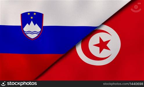 Two states flags of Slovenia and Tunisia. High quality business background. 3d illustration. The flags of Slovenia and Tunisia. News, reportage, business background. 3d illustration