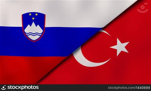 Two states flags of Slovenia and Turkey. High quality business background. 3d illustration. The flags of Slovenia and Turkey. News, reportage, business background. 3d illustration