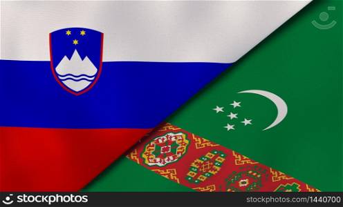 Two states flags of Slovenia and Turkmenistan. High quality business background. 3d illustration. The flags of Slovenia and Turkmenistan. News, reportage, business background. 3d illustration