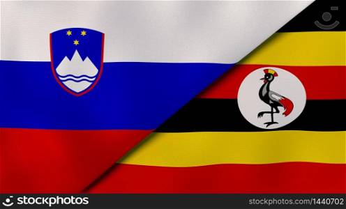 Two states flags of Slovenia and Uganda. High quality business background. 3d illustration. The flags of Slovenia and Uganda. News, reportage, business background. 3d illustration