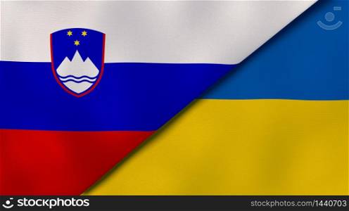 Two states flags of Slovenia and Ukraine. High quality business background. 3d illustration. The flags of Slovenia and Ukraine. News, reportage, business background. 3d illustration