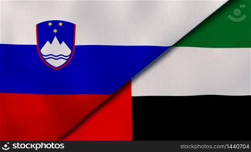 Two states flags of Slovenia and United Arab Emirates. High quality business background. 3d illustration. The flags of Slovenia and United Arab Emirates. News, reportage, business background. 3d illustration