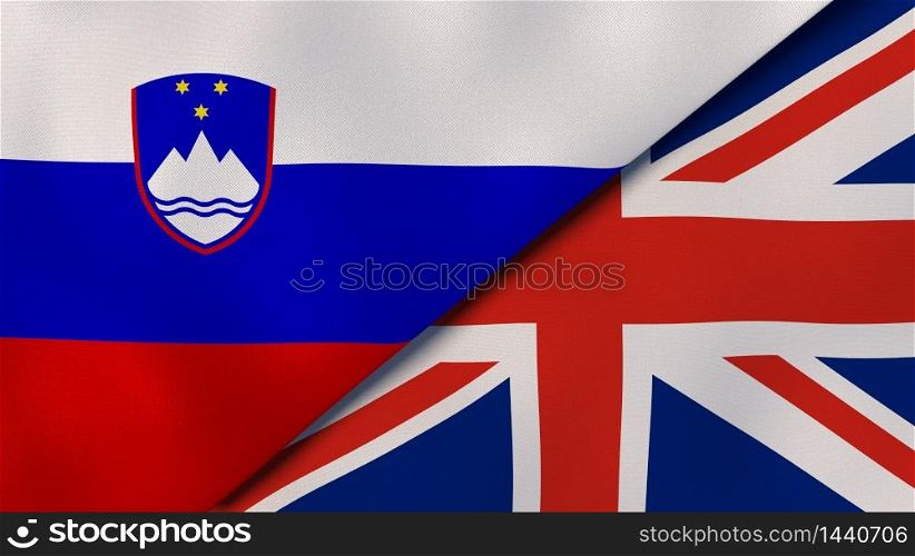 Two states flags of Slovenia and United Kingdom. High quality business background. 3d illustration. The flags of Slovenia and United Kingdom. News, reportage, business background. 3d illustration