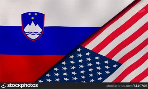 Two states flags of Slovenia and United States. High quality business background. 3d illustration. The flags of Slovenia and United States. News, reportage, business background. 3d illustration