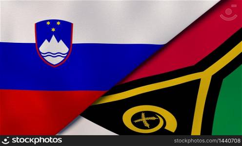 Two states flags of Slovenia and Vanuatu. High quality business background. 3d illustration. The flags of Slovenia and Vanuatu. News, reportage, business background. 3d illustration