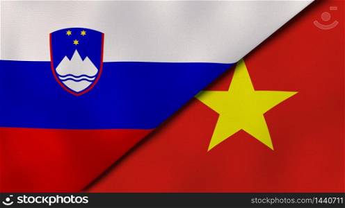 Two states flags of Slovenia and Vietnam. High quality business background. 3d illustration. The flags of Slovenia and Vietnam. News, reportage, business background. 3d illustration