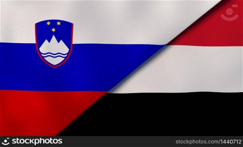 Two states flags of Slovenia and Yemen. High quality business background. 3d illustration. The flags of Slovenia and Yemen. News, reportage, business background. 3d illustration
