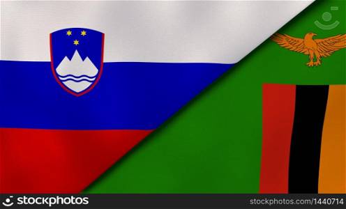 Two states flags of Slovenia and Zambia. High quality business background. 3d illustration. The flags of Slovenia and Zambia. News, reportage, business background. 3d illustration